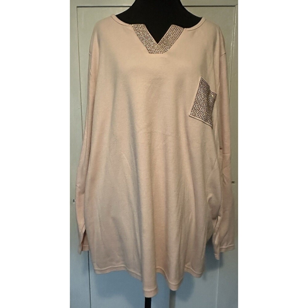 Quacker Factory Women's Pink w/ Gold Embellished Pocket & Split-Neck Top Sz 3X